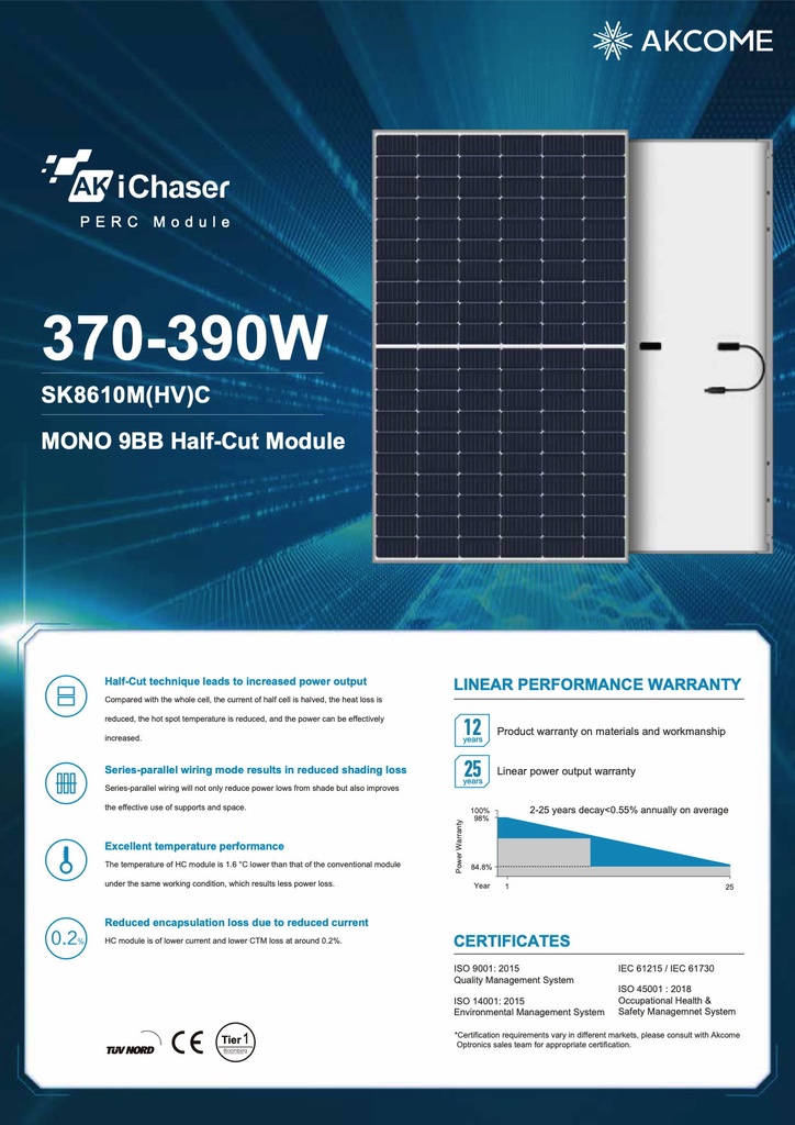 AKCOME - PV Module - Akcome SK8610M(HV)C-(166)-(9BB)-(370-390)