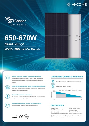 AKCOME - Chaser 650-670W SK611M(HV)C MONO 12BB HC Module